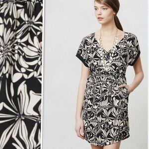 ANTHROPOLOGIE |Small black floral cream Dress Tie Back Size S